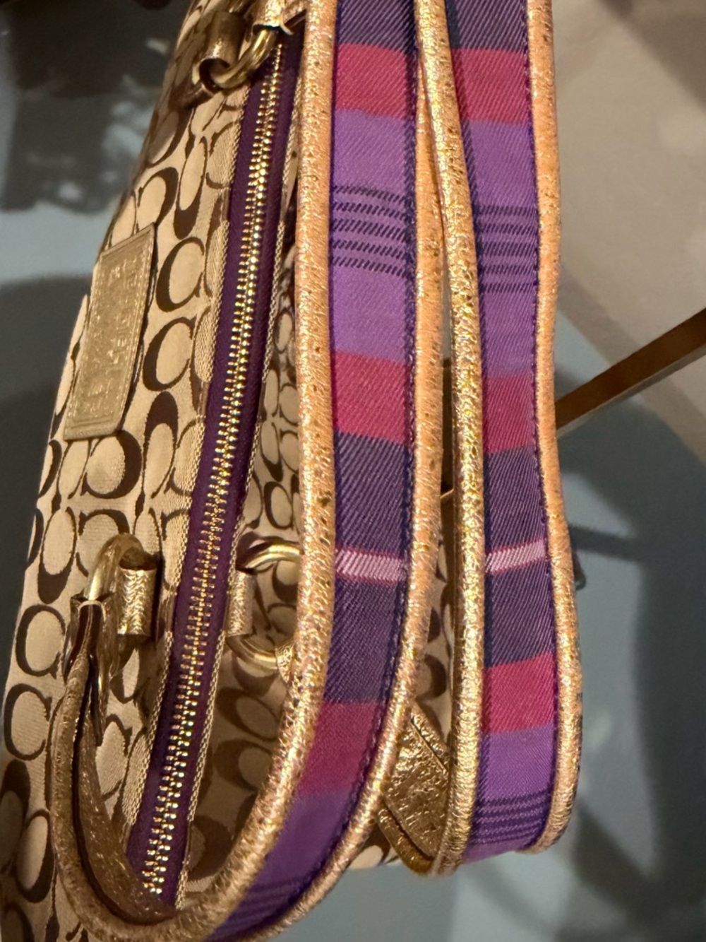 Coach Poppy Tan Signature Tote with Purple Trim and Plaid Scarf - Picture 4 of 4